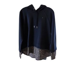 Tommy Hilfiger Navy‎ Blue Plaid Layered Hoodie Sweatshirt Women's Size Medium